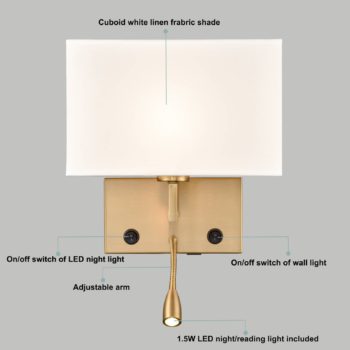 2 pack Modern Gold with white Fabric Wall Sconces with USB Charging PortLED lightingTwin onoff Switch for Bedroom 5