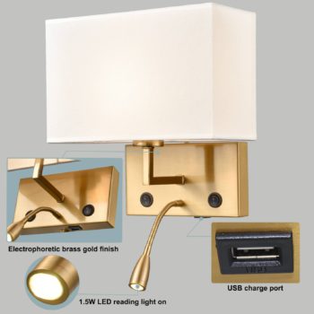 2 pack Modern Gold with white Fabric Wall Sconces with USB Charging PortLED lightingTwin onoff Switch for Bedroom 6