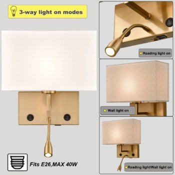 2 pack Modern Gold with white Fabric Wall Sconces with USB Charging PortLED lightingTwin onoff Switch for Bedroom 7