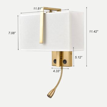 Brass Fabric Wall Lamp LED Reading Light with USB Charging Port for Bedroom