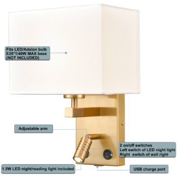 Modern Set of 2 Brass Gold with White Fabric Wall Lamp with USB Charging PortTwin onoff SwitchLED Reading Light for bedroom 4