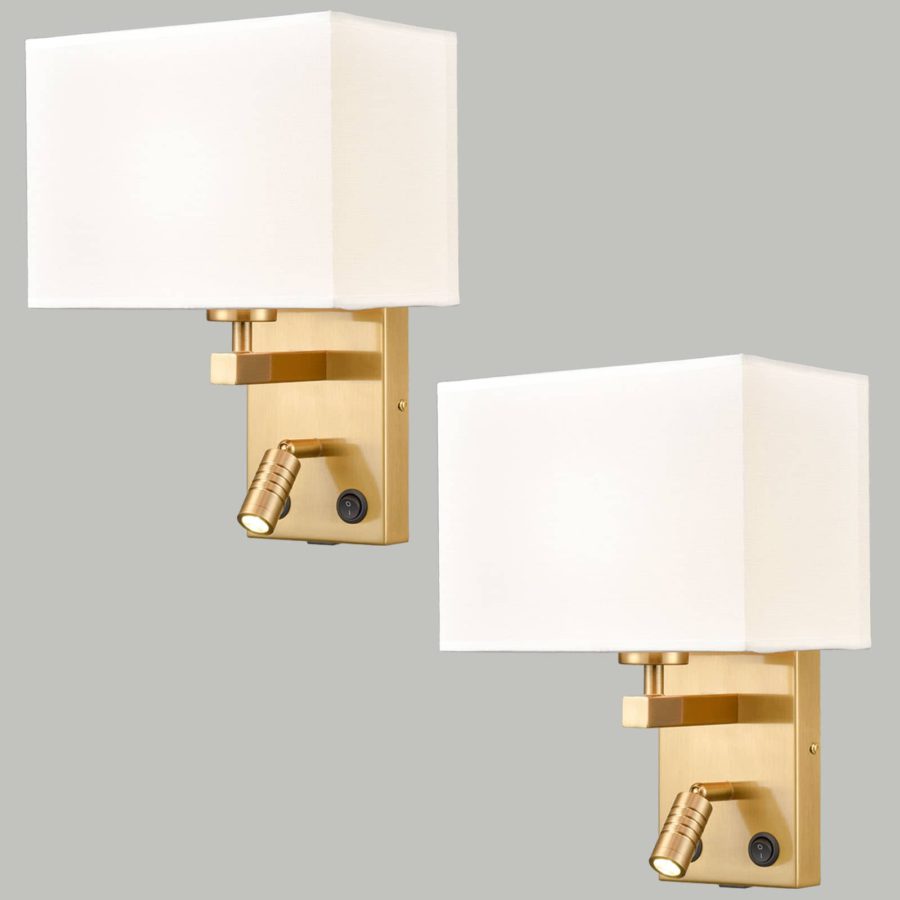 Modern Set of 2 Brass Gold with White Fabric Wall Lamp with USB Charging PortTwin onoff SwitchLED Reading Light for bedroom 7