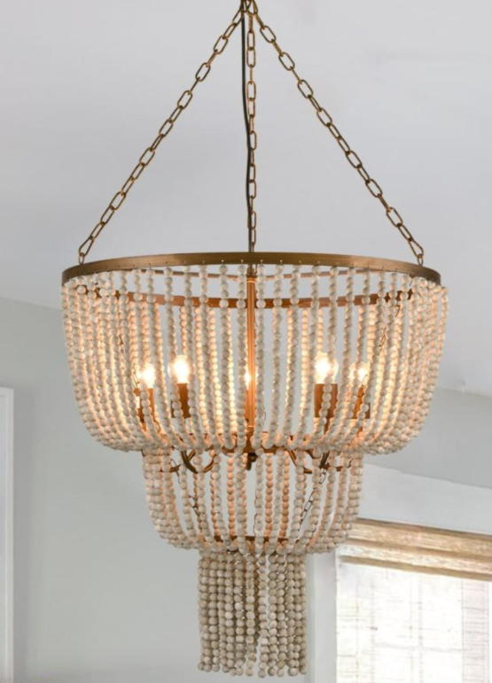 Rustic Wood-Bead Chandelier with a Tiered Basket Shape