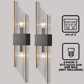 Set of 2 Modern Black Metal Wall Sconces with Crystal Clear Glass for Bedroom 1