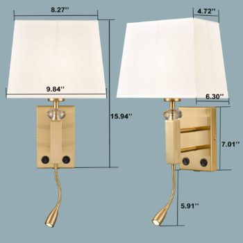 Set of 2 Modern Brass Gold with White Fabric Wall Sconces with USB Charging PortTwin onoff SwitchLED Reading Light for bedroom 7
