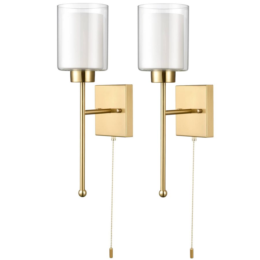 Sets of 2 Gold With Dual Glass Shade Wall Sconce with Pull Chain OnOff Switch Bedroom Light 2