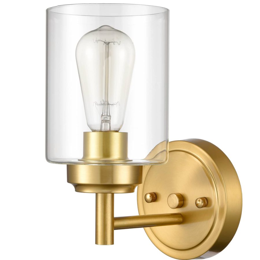 1 light Modern Brushed Brass Gold with Clear Glass Shade Vanity Wall Sconce 2 1