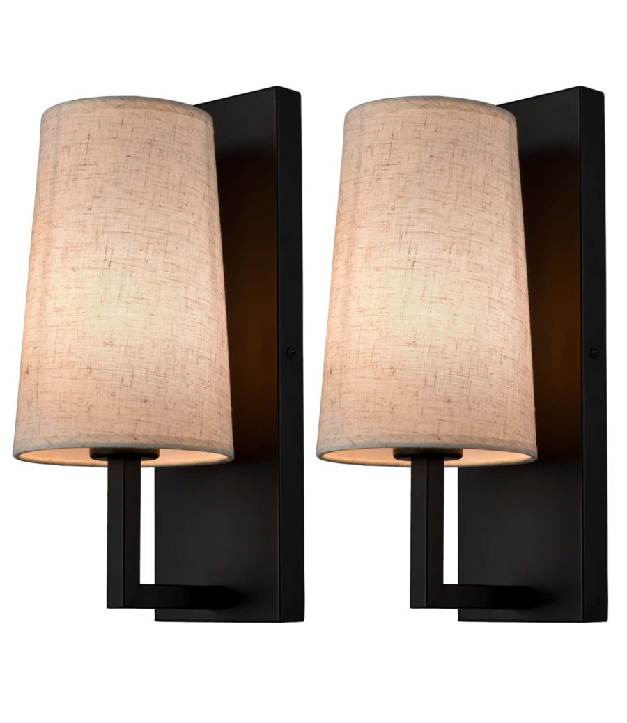 Black Wall Sconces Sets of Two Modern Fabric Shade Wall Lamps for Bedroom