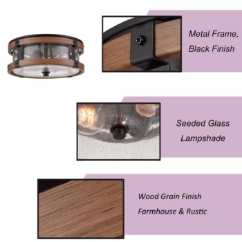 Farmhouse Clear Seeded Glass Ceiling Light Fixture Black+Rustic Wood Grain Finish