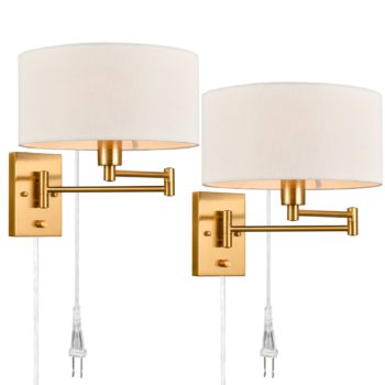 Farmhouse Plug in Wall Sconces Set of Two Brass Swing Arm Wall Lamp with Fabric Shade