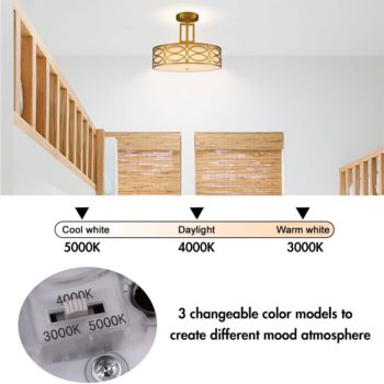 Modern Brass Dimmable LED Semi-flush Mount Ceiling Light White Linen Shade