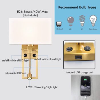 Modern Brass Fabric Wall Lamp ,USB Charging Port + LED Reading Light