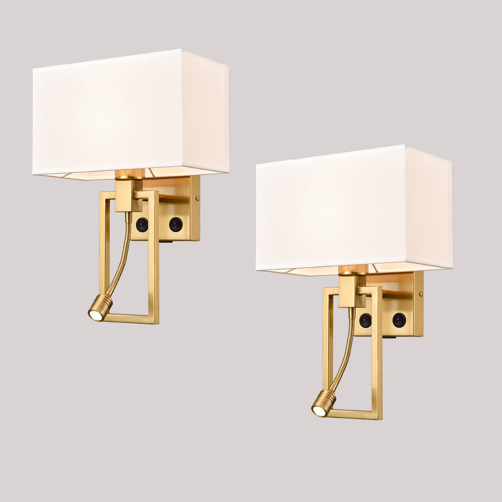 Pair of Modern Brushed Copper Hotel Style Adjustable LED Reading Lamp Wall Light Fittings with White Shades & USB Charging Ports 