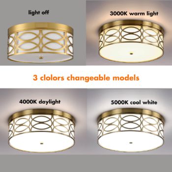 Modern Brass LED Flush Mount Ceiling Light White Linen Drum Shade Light Fixture Dimmable