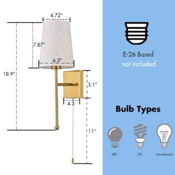 Modern Brass Wall Sconce Fabric Shade with Chain Switch