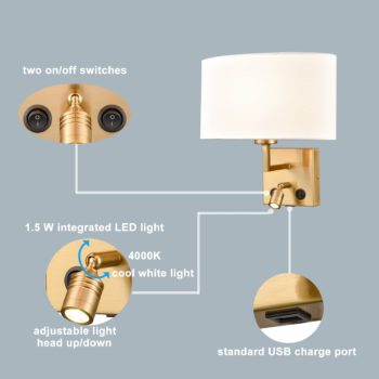 Modern Brass Wall Sconces with LED Reading Light USB Port