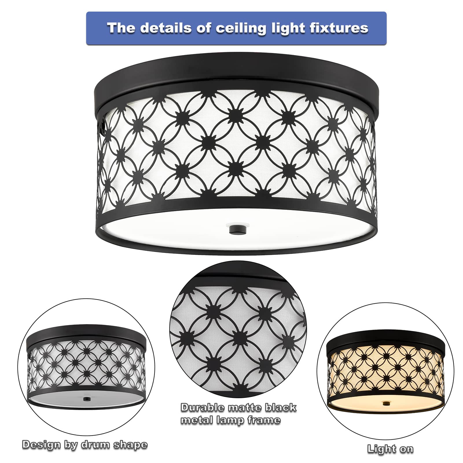 Modern Drum Shade Black Metal Dimmable LED Ceiling Light Hallway Light
