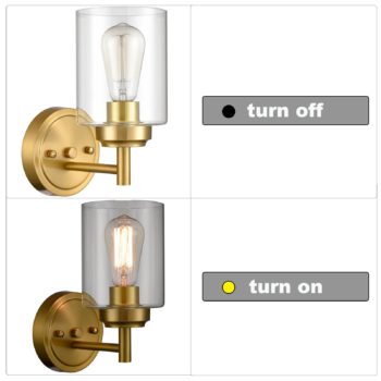 Set of 2 Brushed Brass Gold with Cylinder Clear Glass Vanity Wall Sconces for Bathroom 5