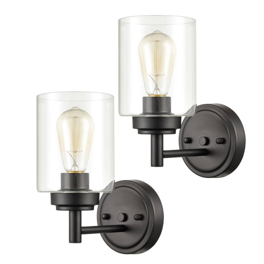 Set of 2 Modern Black Metal with Cylindrical Clear Glass Wall Light Fixture for Bathroom 2 1