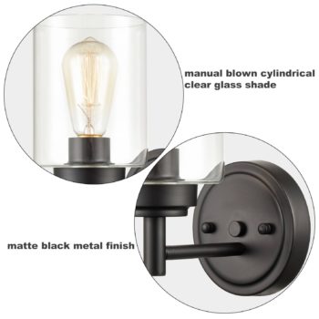 Set of 2 Modern Black Metal with Cylindrical Clear Glass Wall Light Fixture for Bathroom 7