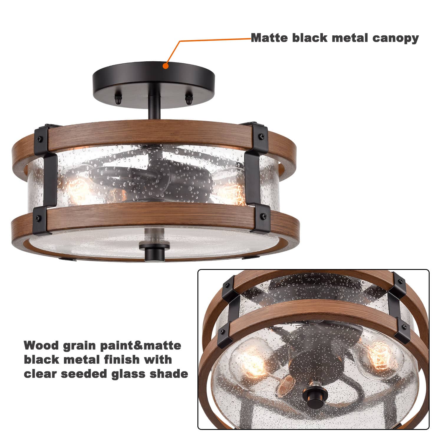 2light black metal ceiling light with wood grain Claxy