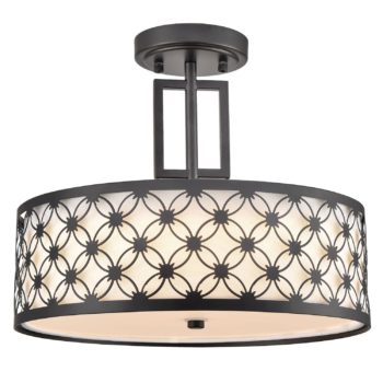 Modern Drum Black Metal with Linen Shade LED Dimmable Semi Flush Mount Ceiling Light Fixture 1