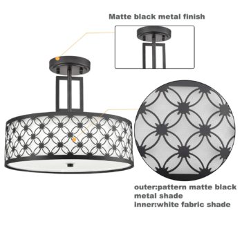 Modern Drum Black Metal with Linen Shade LED Dimmable Semi Flush Mount Ceiling Light Fixture 6