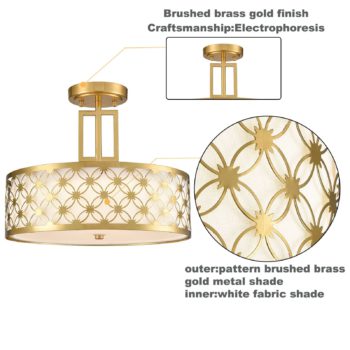 Modern Drum Brass Gold with Linen Shade LED Semi Flush Mount Ceiling Light Fixture 1