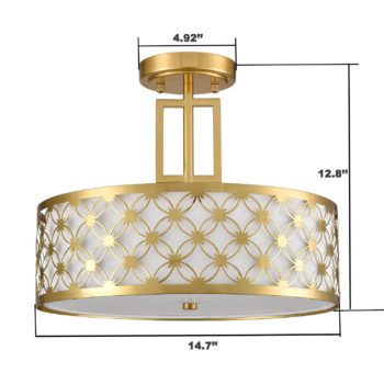 Modern Drum Brass Gold with Linen Shade LED Semi Flush Mount Ceiling Light Fixture 7