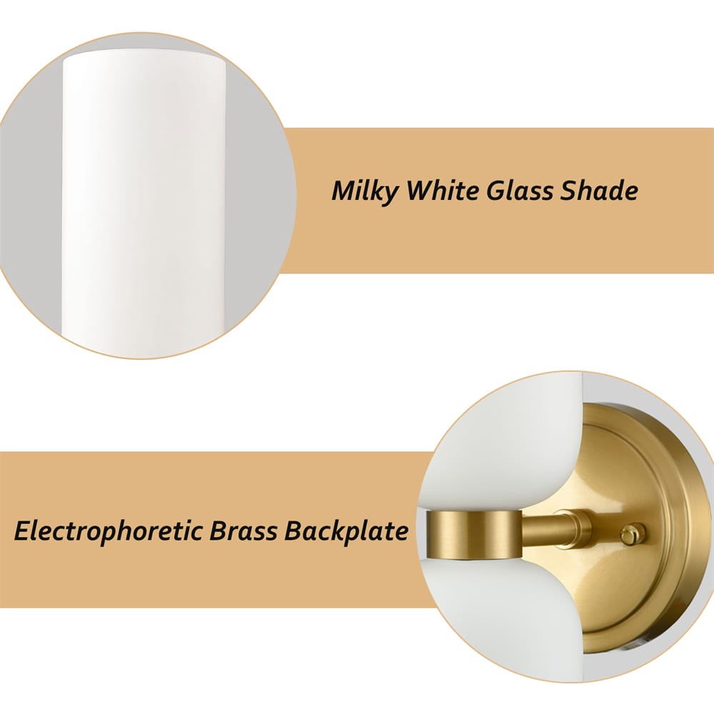 2Pack Modern Gold Wall Sconces 2Light Vanity Light,Milky White Glass