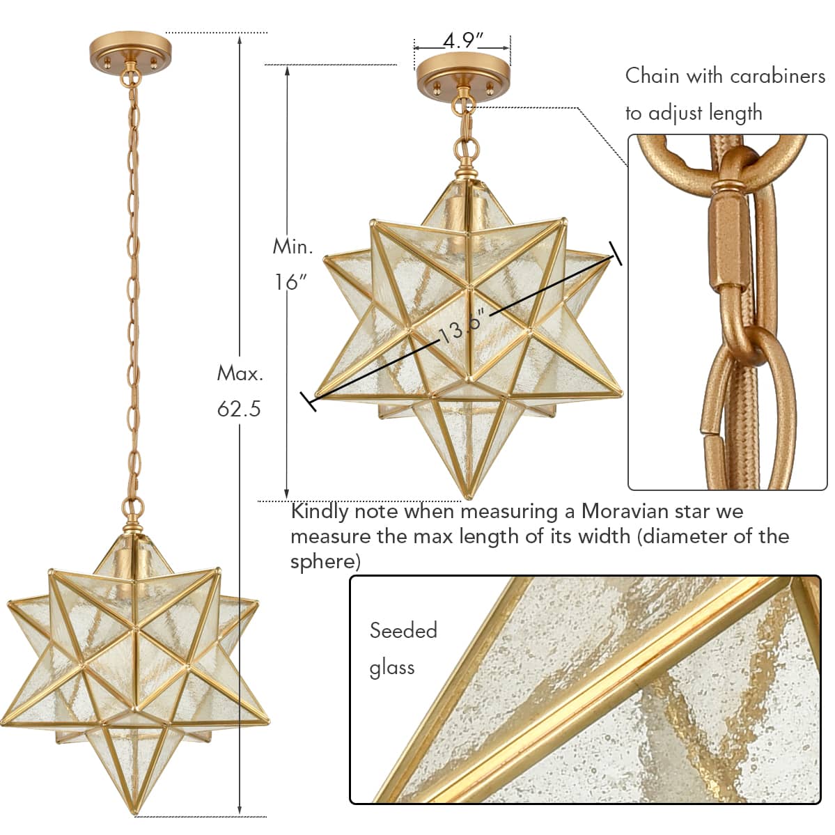 Brass Moravian Star Pendant Light Seeded Glass 14-in| Claxy