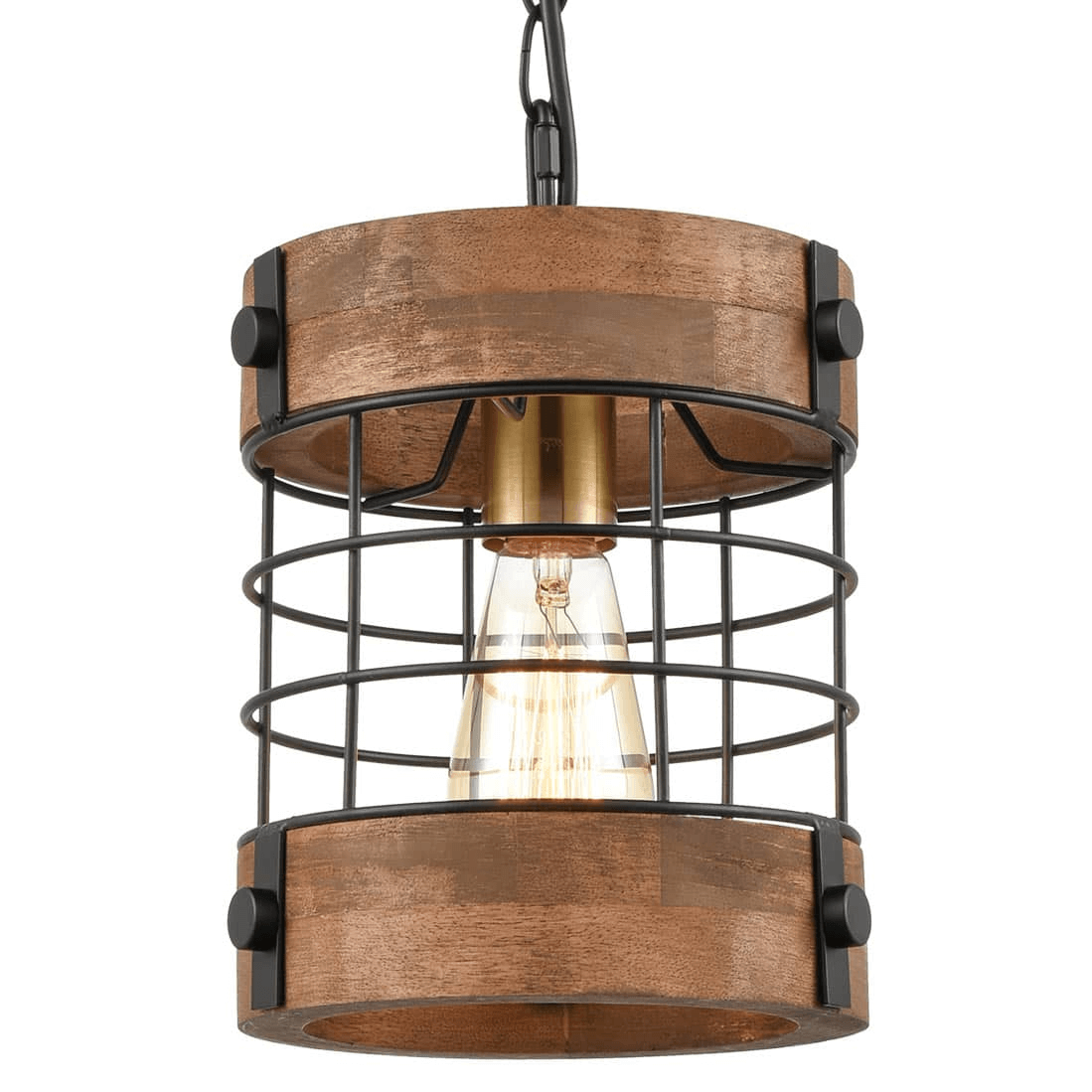 Distressed Brown Farmhouse Metal Wood Cage Hanging Pendant Light