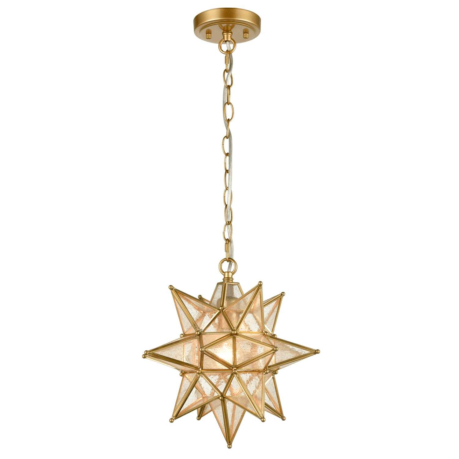 Gold Light Moravian Star Pendant Chandelier with Seeded Glass