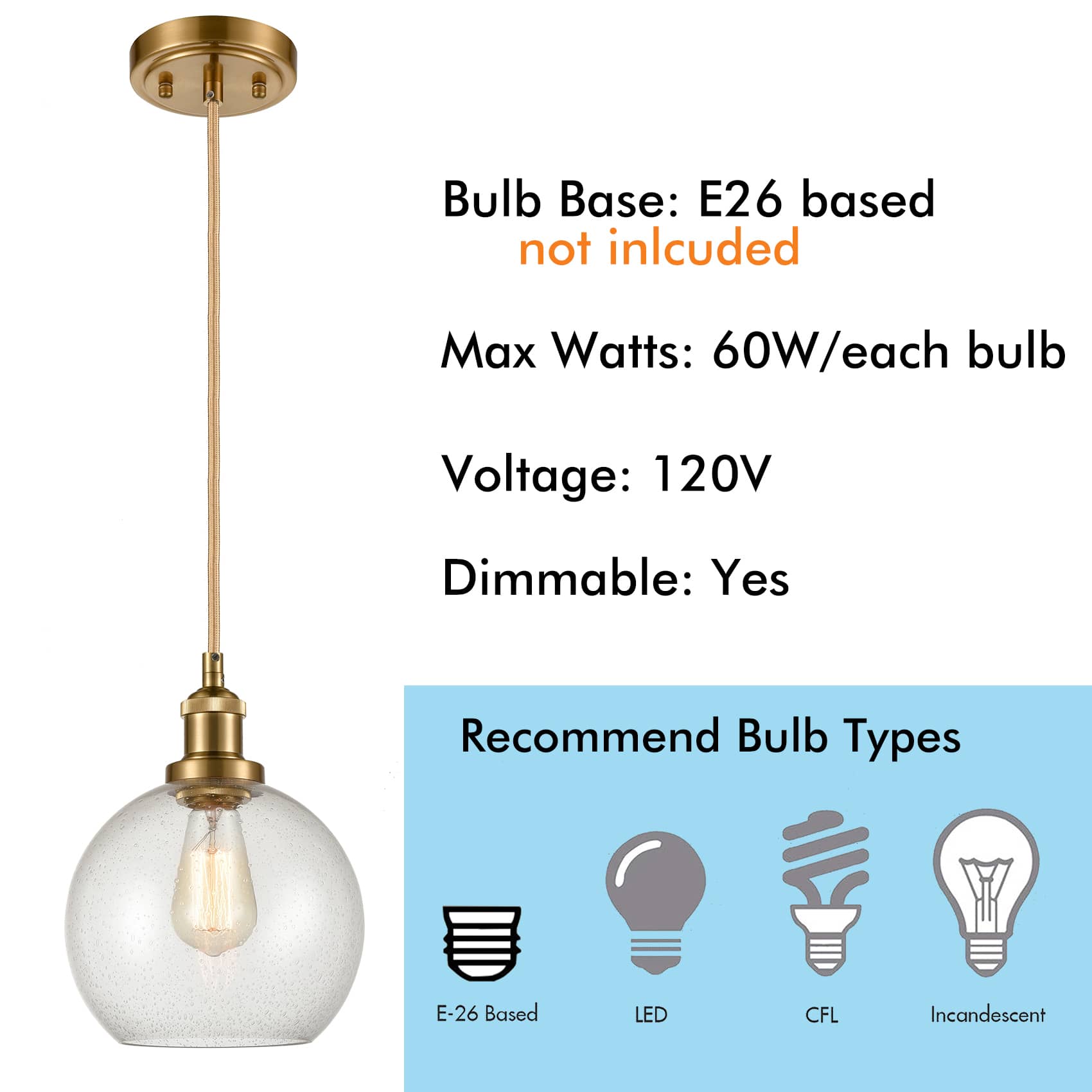 Modern Brass Globe Seeded Glass Pendant 