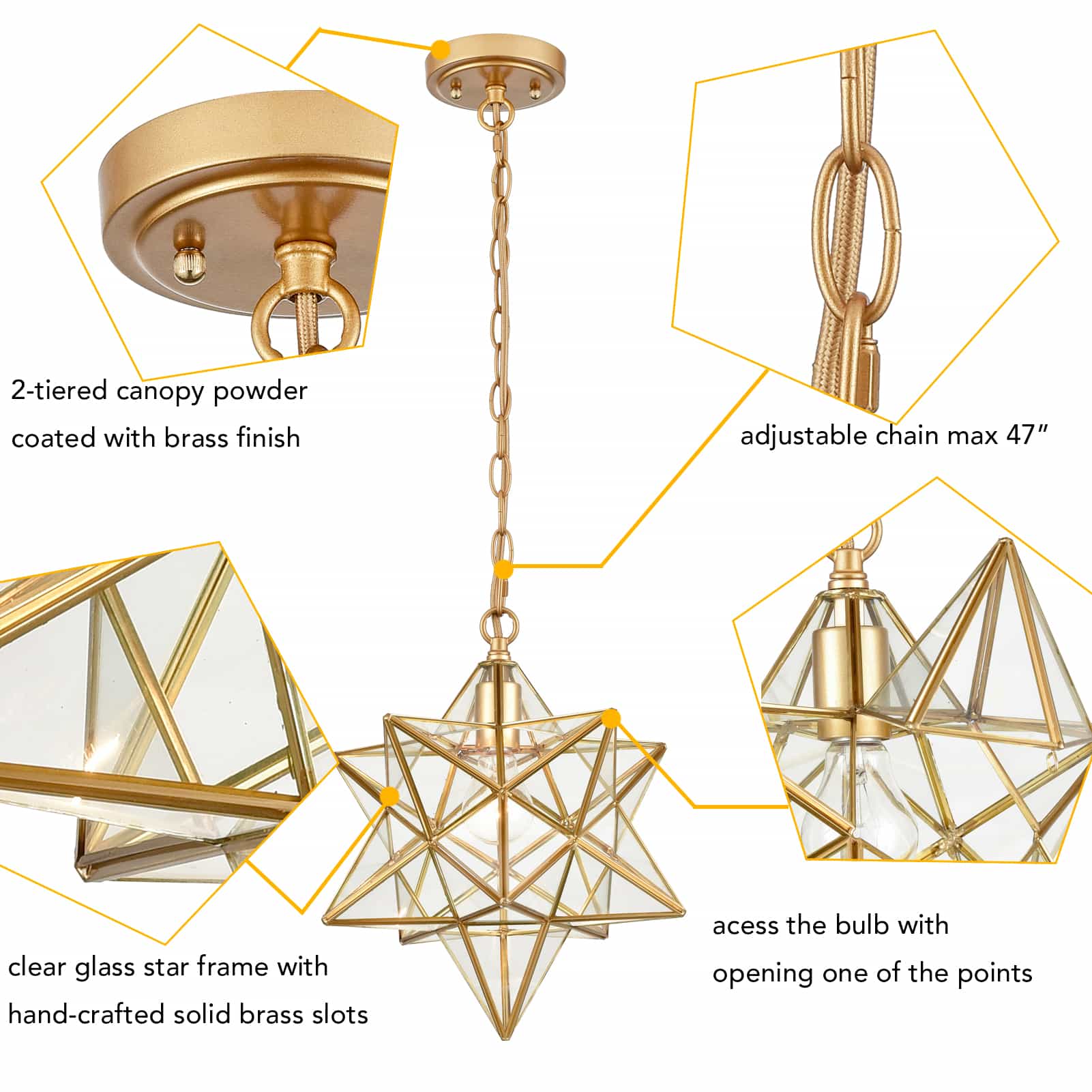 Brass Clear Glass Moravian Star Pendant Light Claxy