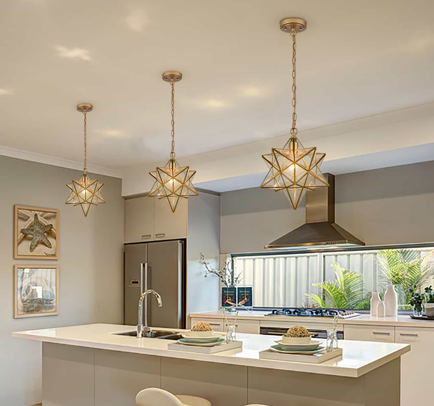 Brass Clear Glass Moravian Star Pendant Light Claxy