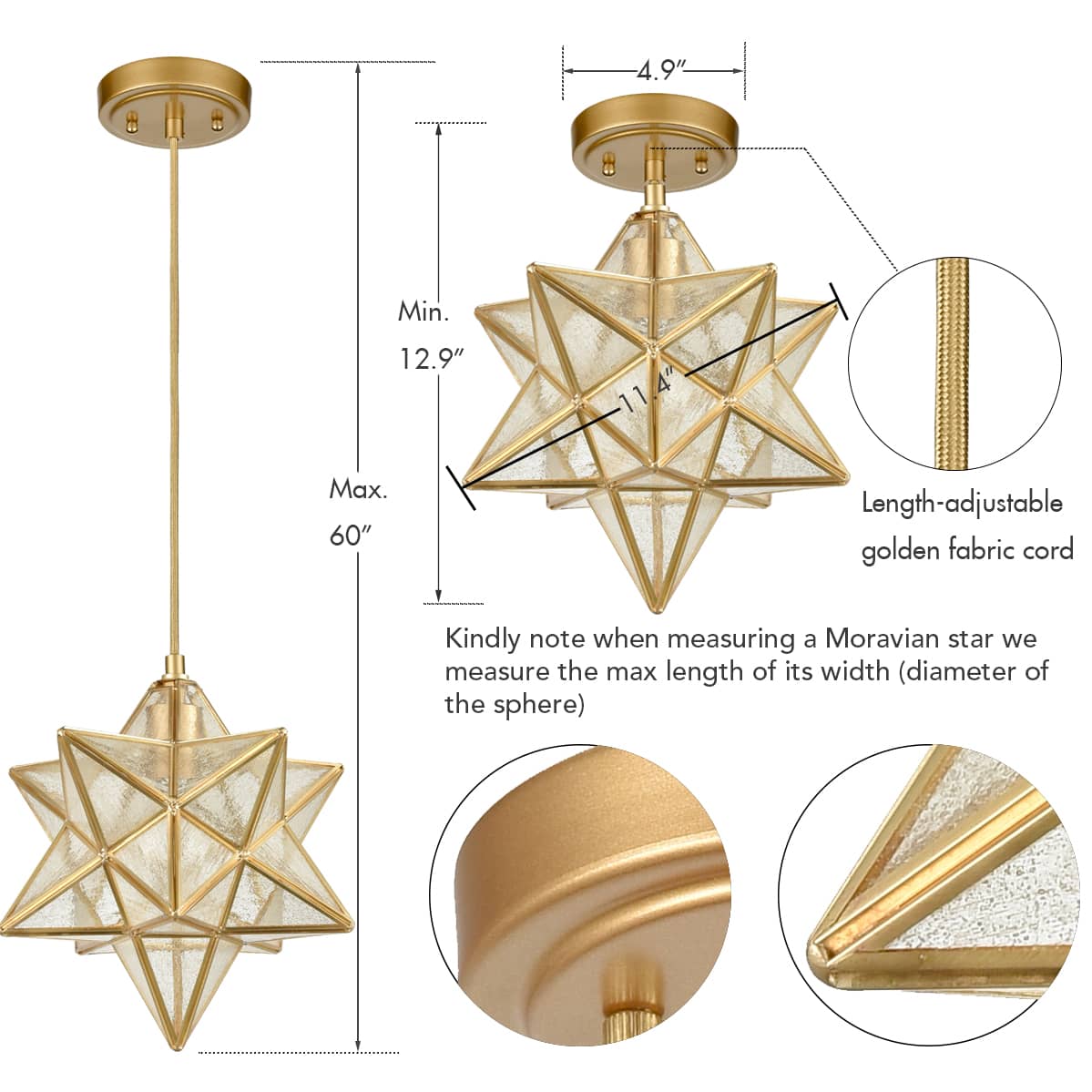 Brass Moravian Star Pendant Light Seeded, 11 Inch | Claxy
