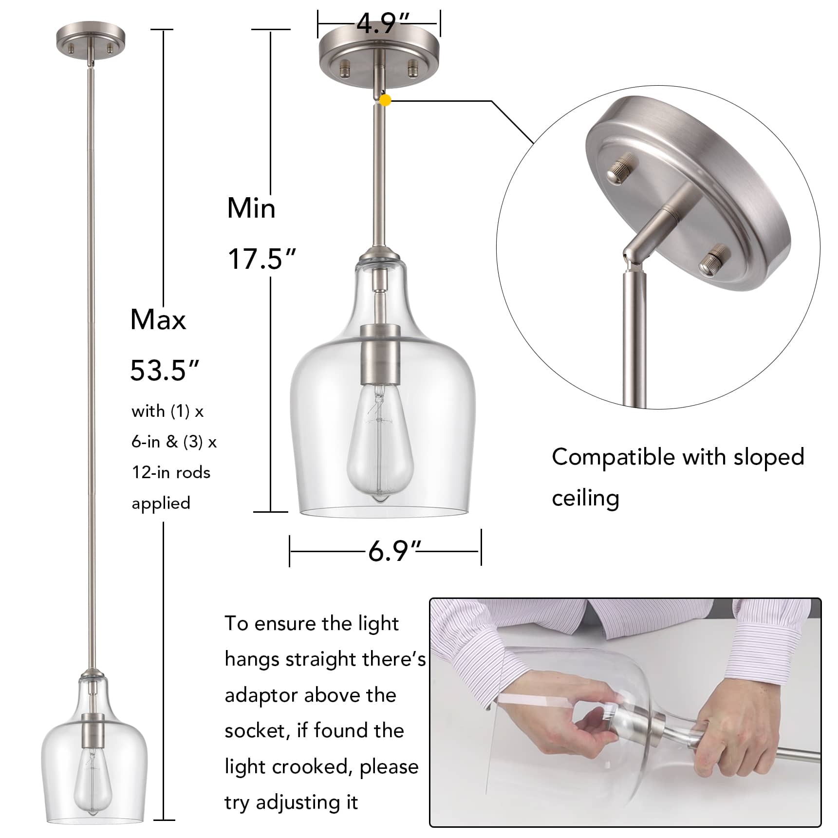 Glass RodHung Kitchen Pendant Lighting Brushed Nickel