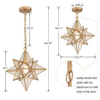 Moravian Star Pendant Lights Gold Finish Clear Glass Shade 16 Inches