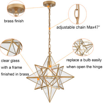 Moravian Star Pendant Lights Gold Finish Clear Glass Shade 19 Inches