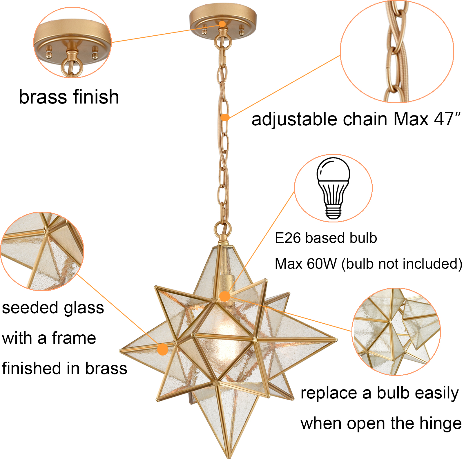 Brass Moravian Star Pendant Light Seeded Glass | Claxy