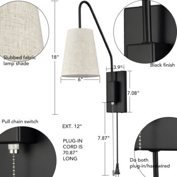 Black Plug-in Wall Sconce for Bedroom Lamps Set of 2 with Pull Chain Switch