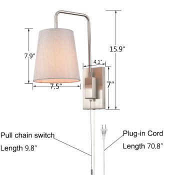 Fabric Shade Plug in Wall Sconce 2 Pack Brush Nickel Wall Lamps