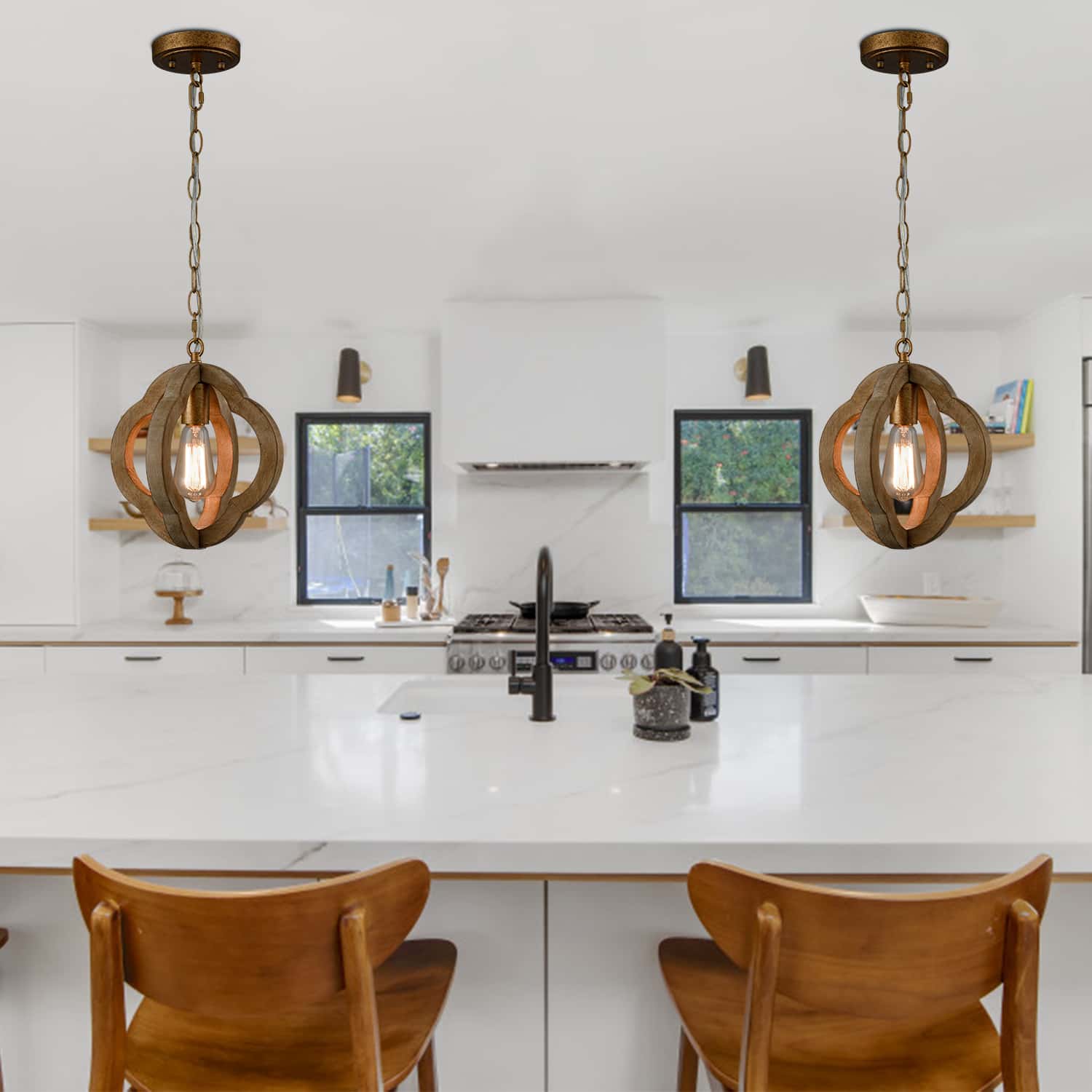 Farmhouse Brown Wooden Pendant Light Antiqued Gold Claxy