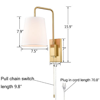 Gold Fabric Shade Wall Sconce Bedroom Plug-in Wall Lamp Set of 2