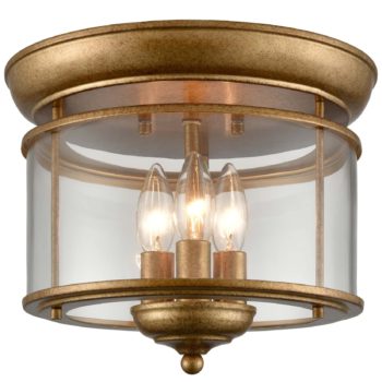 3-Light Clear Glass Flush Mount Ceiling Light Rustic Brass Finish