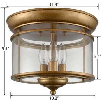 3-Light Clear Glass Flush Mount Ceiling Light Rustic Brass Finish