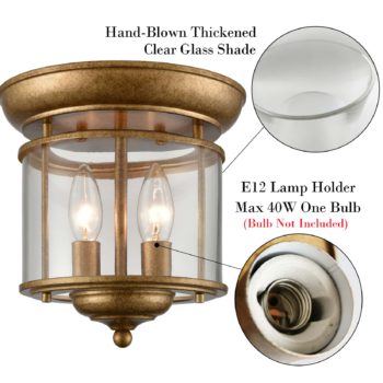 Antiqued Brass Flush Mount Ceiling Light 2-Light Glass Ceiling Light Fixture