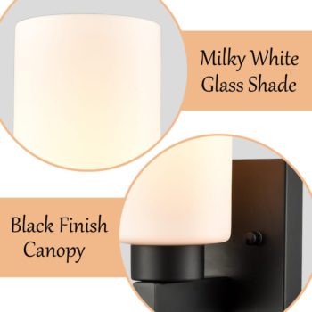 Bathroom Modern Black Wall Sconce Milky White Cylinder Glass Set of 2