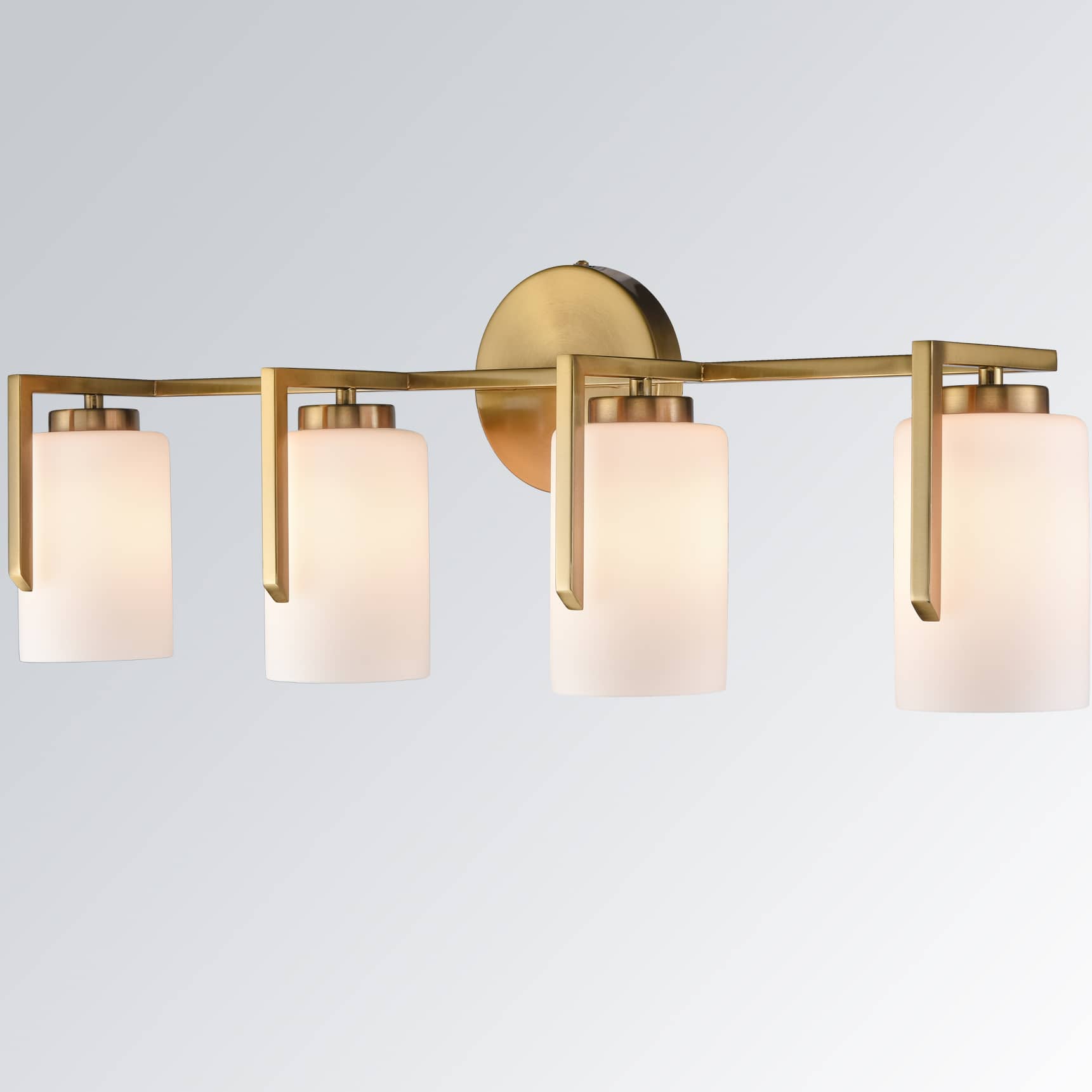 Modern 4Light Gold Vanity Light with Opal Cylinders Claxy